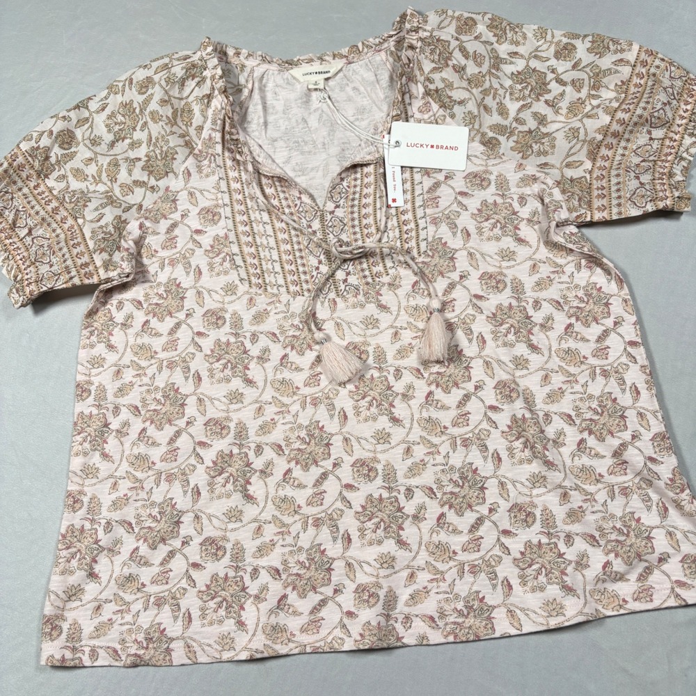 Lucky Brand Top Women S Floral Pink Bohemian Tassel Split Neck 159549 F00155